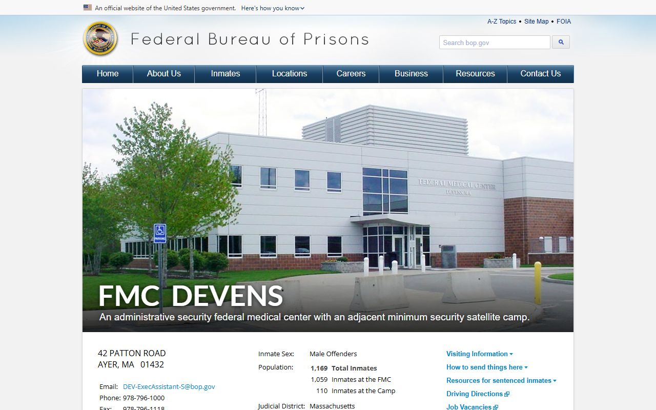 Federal Medical Center Devens inmate lookup and BOP facility profile