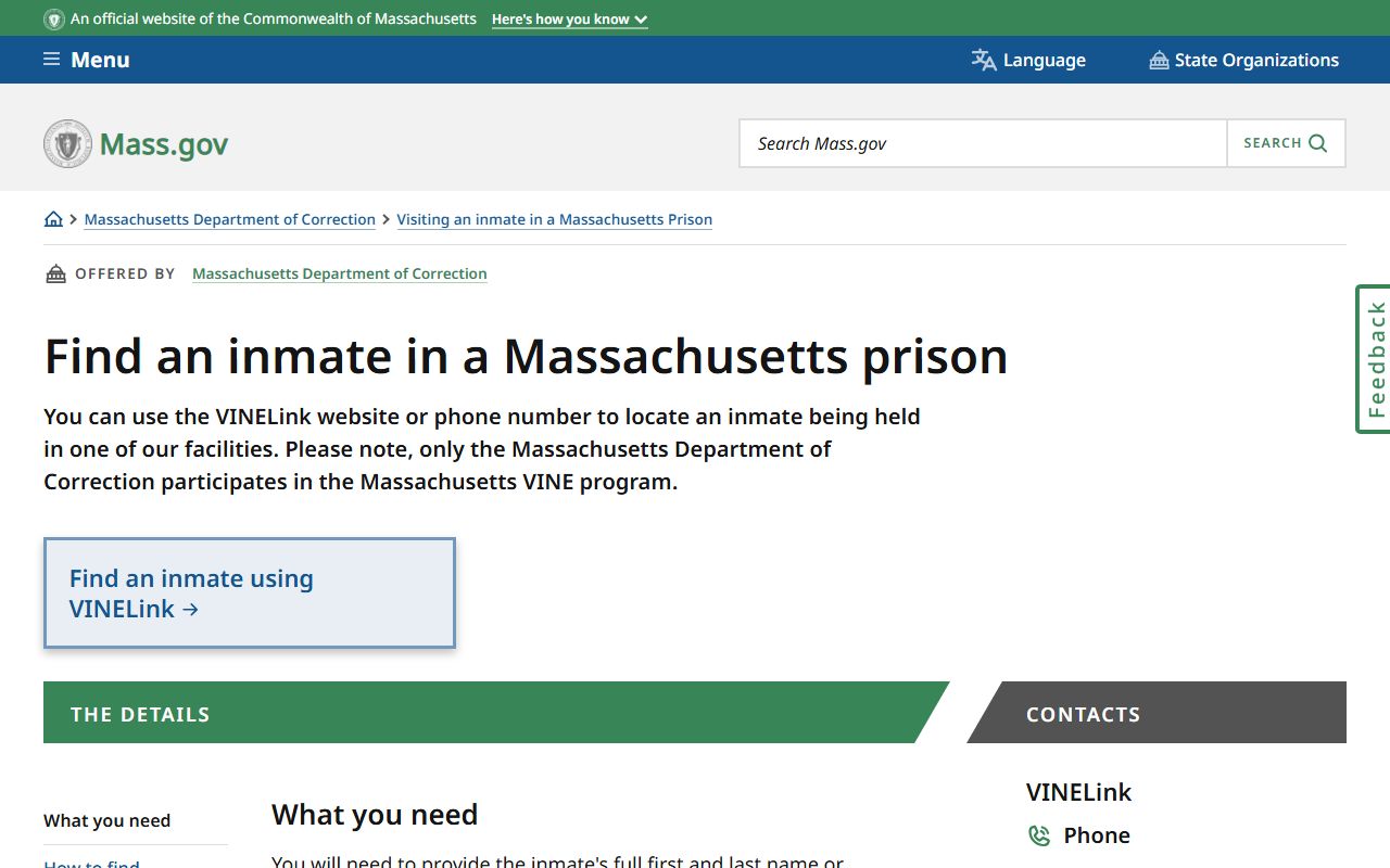 Middlesex County inmate lookup through MADOC VINELink