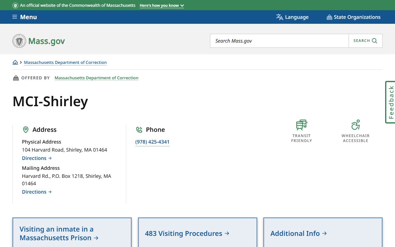 MCI-Shirley inmate lookup and state prison location page