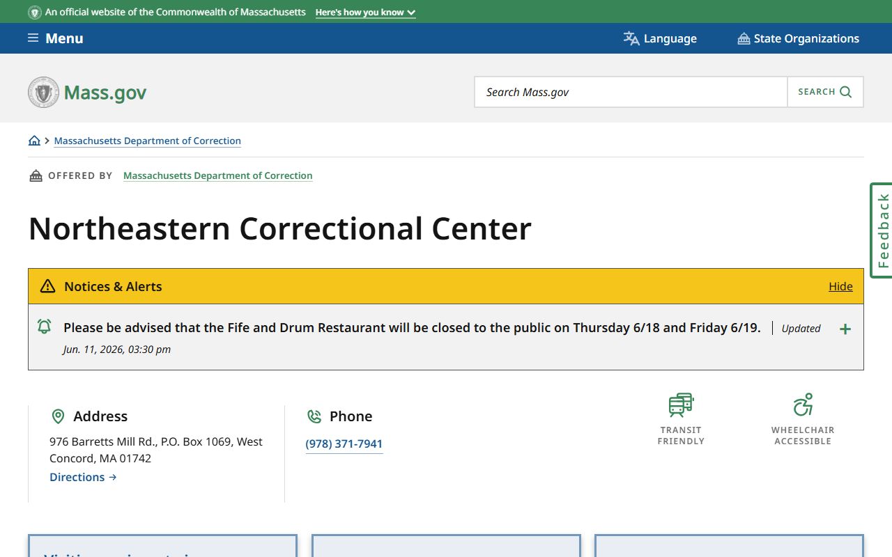 Northeastern Correctional Center inmate search and MADOC location page